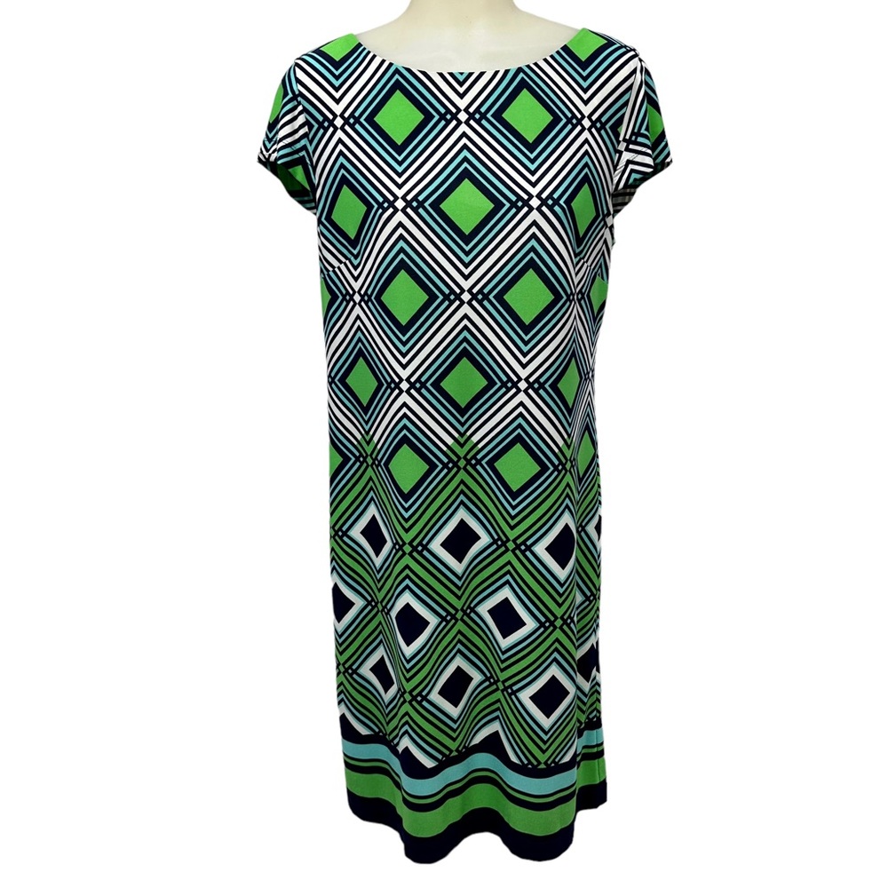 JESSICA HOWARD Dress Sz M Shift Cap Sleeves Stretch Green Blue Geometric…